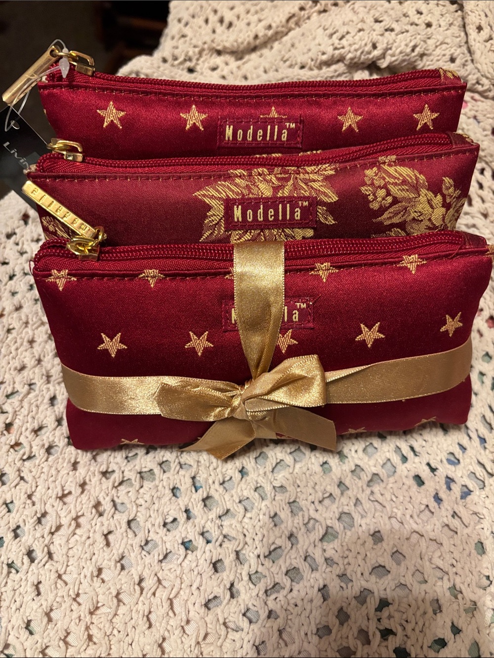 Modella Burgundy Satin Cosmetic Pouch Trio with Gold Accents